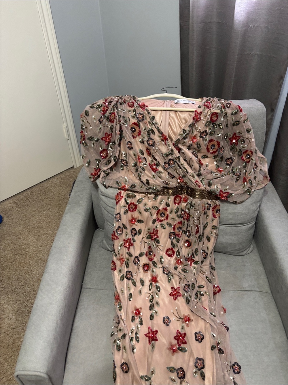 Mac Duggal Dusty Blush Floral Sequin Evening Gown